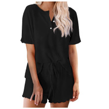 Dame 2-delt ensfarget nattøysett med knapper foran og korte ermer med belte | S-2XL | Elastisk polyester-spandex loungewear