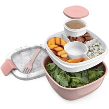 Salatbehälter mit 4-Fächer-Schale, Soßenbecher und Gabel,