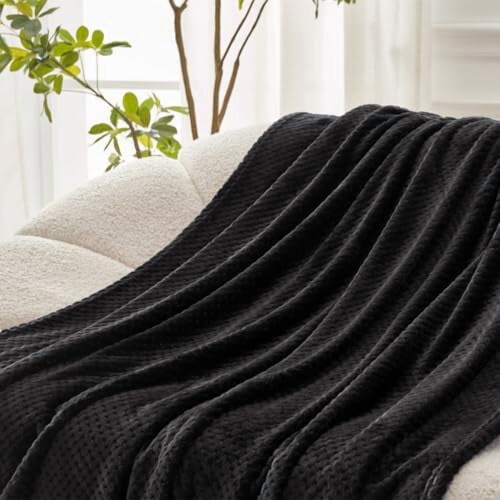 Waffle Jacquard Throw Blanket Queen Size Black 1