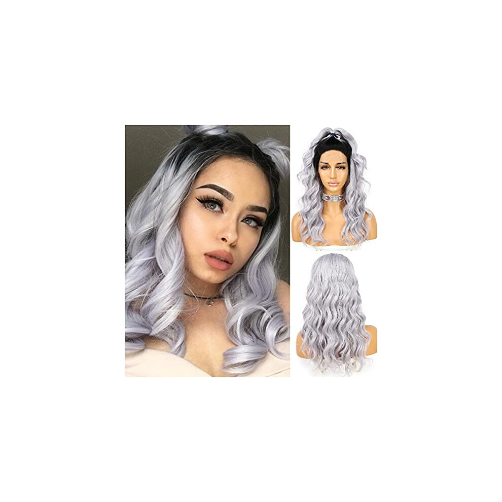 Lace Front Wig Ombre Gray Water Wave HeatResistant Synthetic 13x3 Glueless for Women