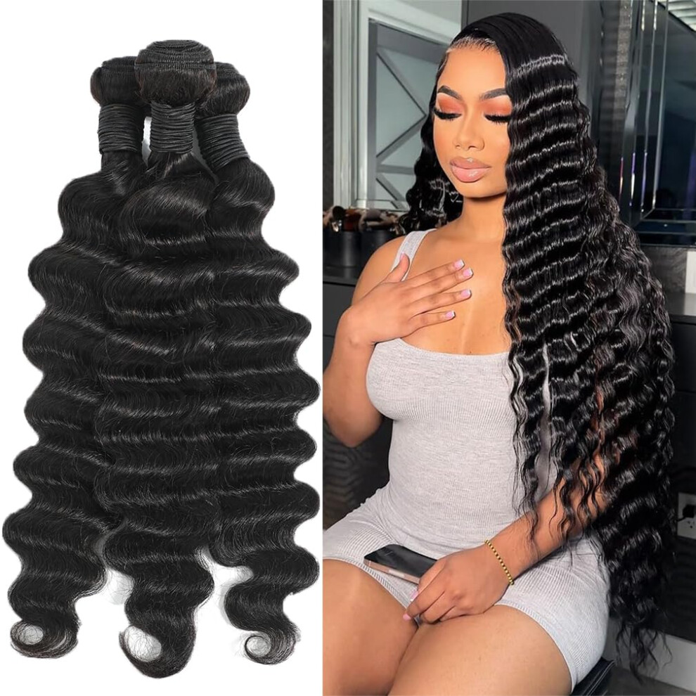 Black 28 Inch Brazilian Loose Deep Wave Hair 12A Virgin Human Hair Bundles Unprocessed For Styling