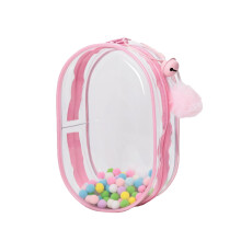 Pink Clear Plush Display Bag with Pom Poms, PVC Keychain Bag for Dolls and Collectibles