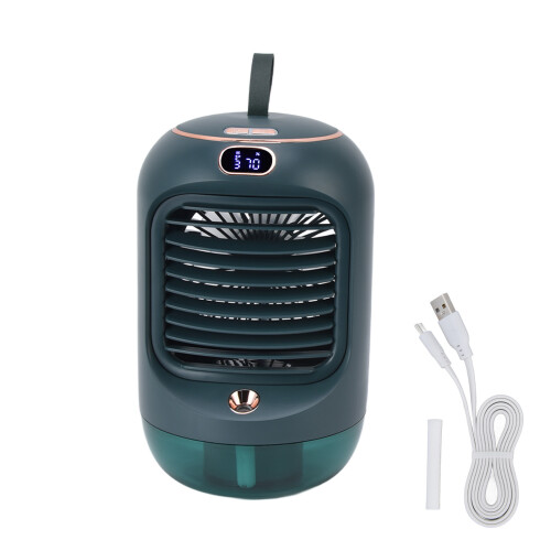Mini ventilador de ar condicionado com 3 velocidades, 5 pás e modo noturno.