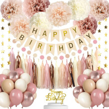 Boho Blush Beige Verjaardagsdecoratie: Banner, Ballonnen, Pompons, Kwastenslinger – Retro Roze/Nude/Ivoor – voor Meisjes & Vrouwen