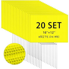 Paquete de 20 letreros de césped amarillos corrugados en blanco de 16x12" con estacas – Tamaño doble para venta de garaje, bienes raíces,