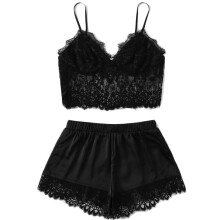 Dame Plus Size Sateng Lingerisett2025Valentinsdagen Sexy Plus Size Sling Nattøy Lingeri Blonder Nattøy Undertøysett Svart