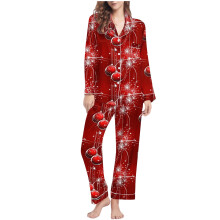 Ensemble pyjama de Noël 2 pièces pour femme : haut à manches longues et col en V, pantalon, imprimé festif, idéal pour se détendre à la