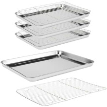 Conjunto de 4 assadeiras de aço inoxidável + grelhas de resfriamento (40,6 x 30,5 x 2,5 cm), compatíveis com fornos padrão.