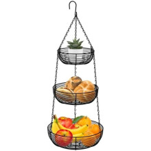Panier suspendu à 3 niveaux pour fruits, organisateur de cuisine robuste en fil métallique avec 2 crochets de plafond métalliques offerts, noir