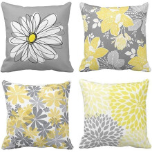 Juego de 4 fundas de almohada con margaritas grises y amarillas, 18x18", decoración floral blanca moderna, fundas de almohada cuadradas para