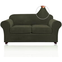 Samtbezug für 2-Kissen-Sofas, 3-teilig, waschbar, rutschfest, dehnbar, passend bis zu 183 cm (72 Zoll), mittel, olivgrün