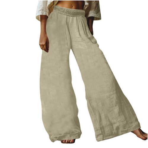 Γυναικείο παντελόνι Boho με φαρδιά μπατζάκια και τσέπη, από μονόχρωμο λάστιχο στη 1