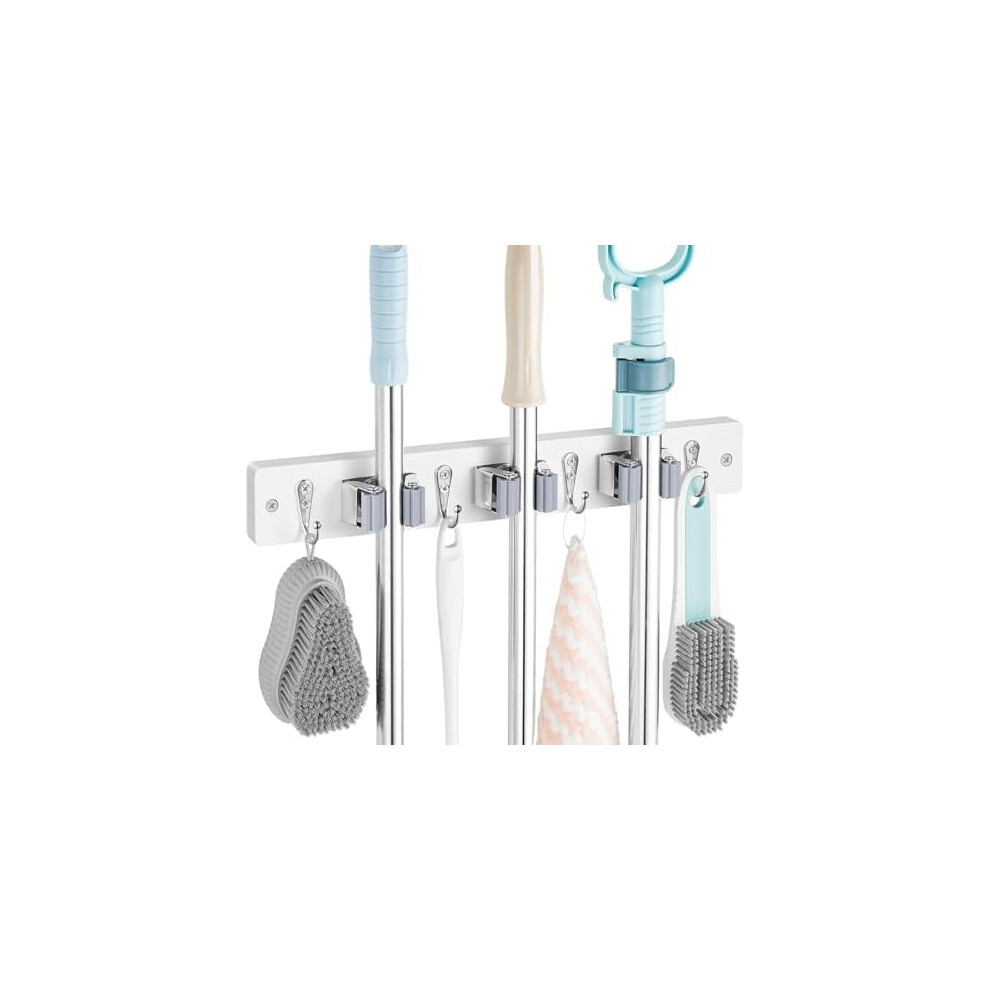 White Wall-Mount Broom Holder With 3 Slots & 4 Hooks Â Compatible With Mops, Brooms, Garden Tools 9104899811028
