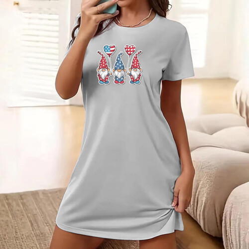 Γυναικείο νυχτικό oversized από σατέν, με τυπωμένο στρογγυλό ντεκολτέ και κοντά 1