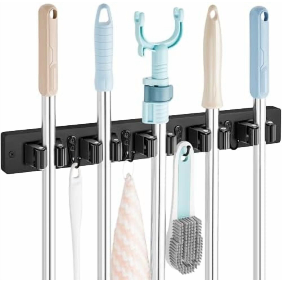 Wall-Mount Mop & Broom Holder Â Black 5-Slot, 4-Hook Tool Rack For Garage, Laundry, Kitchen, Closet Â Compatible With Standard Mops & Brooms 9104899811011