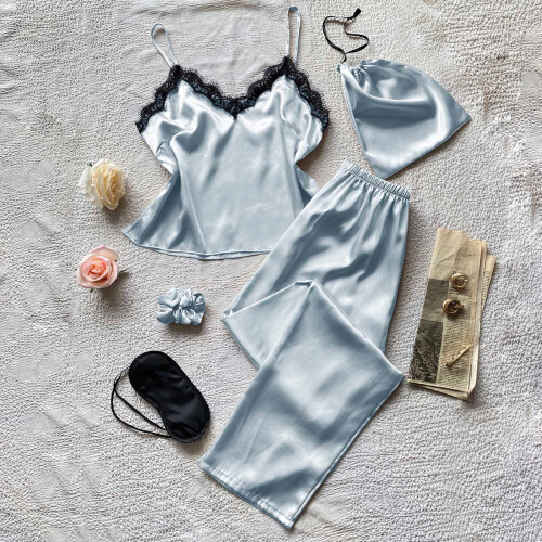 Damen-Freizeitpyjama-Set mit kurzen Ärmeln, Blau, Größe L 1