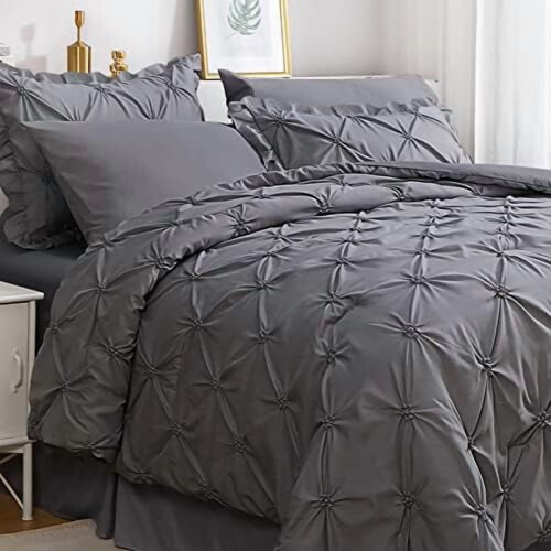 Dark Grey Pintuck Queen Bedding Set 7-Piece