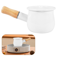 Enamel Milk Pan, Butter Warmer 10cm Enamelware Saucepan Pan Cookware with Wooden Handle, Perfect Size for Heating Smaller Liquid Portions.