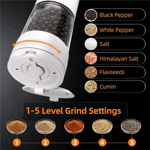 Electric Salt and Pepper Grinder Rechargeable Automatic Pepper Mill with Base,5-Level Adjustable Coarseness, Display 1