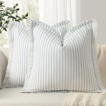 Ensemble de 2 housses de coussin rayées 45 x 45 cm avec franges, en coton, bleu clair – Compatibles avec les coussins carrés standard