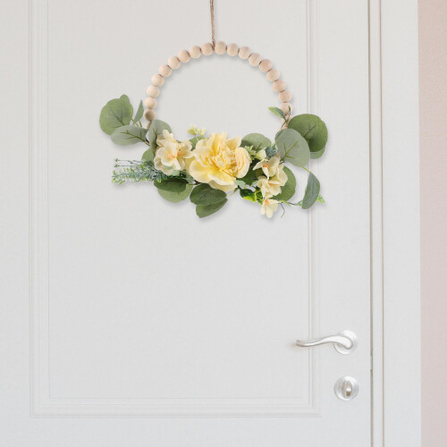 Guirlanda de contas de madeira com flores de tecido para decoração de casa, multicolorida, para parede ou porta, 31,75 cm (12,5 polegadas) 2