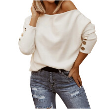 Weißes, modisches Herbst-Ausgeh-Top für Damen 2024: Trendiges, schulterfreies Langarm-Top aus Polyester mit einfarbigem Print, Größe XL