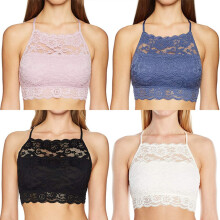 4-delige set van een bralette met hoge hals en kant voor dames, racerback crop top vest bh, sexy bandeau bh (voor cupmaten AC) Roze+Blauw+Zwart+Wit M