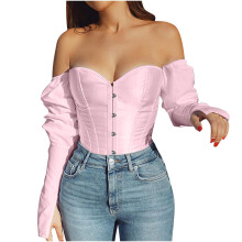 Off-shoulder korsettops met mouwen voor dames 2025 Fashion Plus Size Korsetten met baleinen Lange mouwen Effen Sexy Ondergoed Shapewear Roze