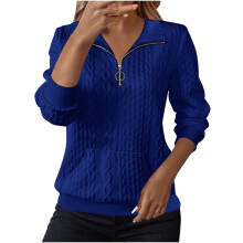 Suéter feminino lulshou para outono e inverno, modelo solto, cor sólida, tamanho pequeno, com tranças, meio zíper, manga longa, macio, azul,