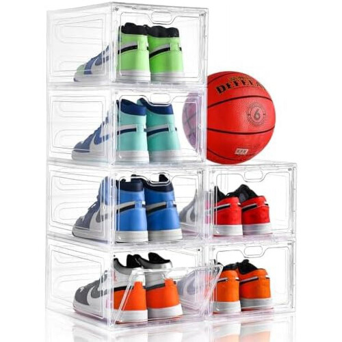6-Pack Clear Shoe Storage Boxes with Magnetic Doors, Stackable, Fits US Size 12, Easy Assembly