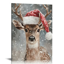 Deer Santa Hat Snow Canvas Wall Art 12x16 in