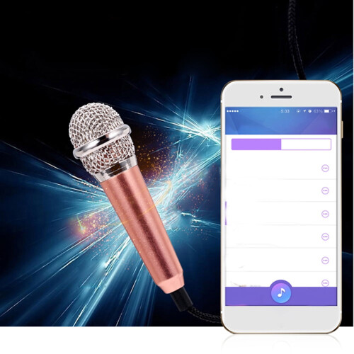 Microfono a condensatore mini da 3,5 mm con supporto, compatibile con telefono e PC, ideale per karaoke, chat e canto. 1