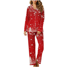 Kerstpyjamaset voor dames – Top met V-hals en lange mouwen, bijpassende broek, feestelijke zachte stretch nachtkleding, plus size S-2XL, ideaal