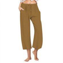 Capribyxor i bomull och linne för kvinnor, casual sommar, capris, dragsko, hög midja, vida ben, beskurna byxor