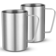 Tazas de café de acero inoxidable de doble pared con asa, 500 ml (17 oz), reutilizables, color plata, paquete de 2 unidades. Perfectas para el