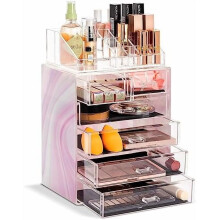 Akryl makeup-organisatorsæt med 6 skuffer, små/brede rum, tie-dye-design – kompatibel med børster og smykker – julegave til kvinder og