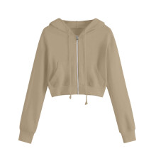 Dámska jednofarebná mikina s kapucňou na zips, dlhý rukáv so sťahovacou šnúrkou a vreckami, voľný strih – khaki, 5XL
