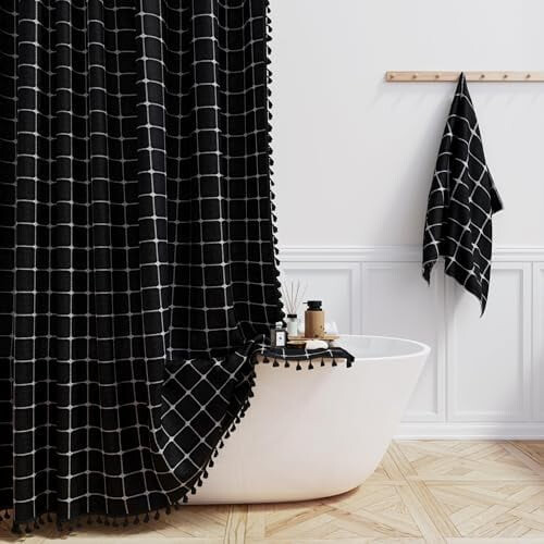 Cortina de chuveiro extra longa em linho estilo boho, 72x96 polegadas, com ganchos e borlas – compatível com varões padrão.