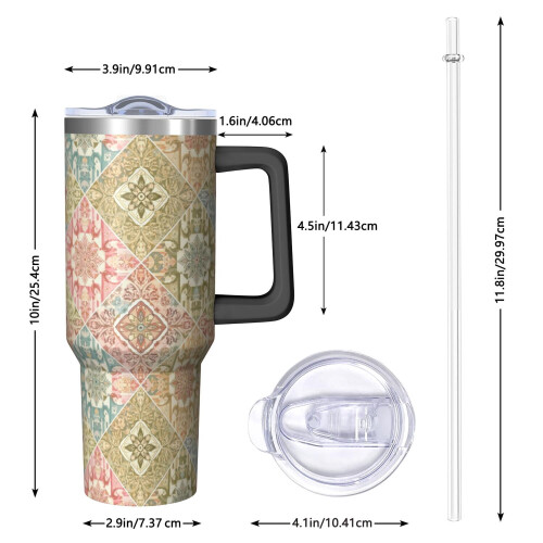 Ποτήρι Pioneer με 40oz, μονωμένο με λαβή και σχέδιο λουλουδιών, καπάκι και καλαμάκια 1