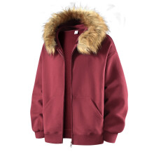 lulshou Hættetrøjer til mænd Ensfarvet kraftig hættetrøje med lynlås og langærmet sweatshirt, afslappet varm top, vinrød, M