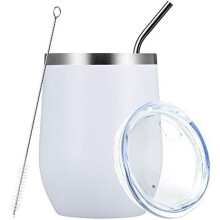 Vaso de vino sin tallo de 355 ml con tapa, de acero inoxidable con aislamiento al vacío, incluye pajita – Menos de 10 $ (Blanco)