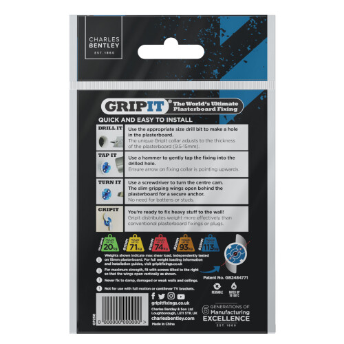 Gripit 25mm Plasterboard Fixing - 8 Pack (Blue) Stud Wall Anchor Max Load 113kg Support Heavy Loads 1