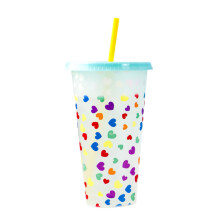 Vaso de agua MOQIN con forma de corazón que cambia de color, vaso reutilizable de 24 oz con tapa y pajita: diseño de confeti para café helado,