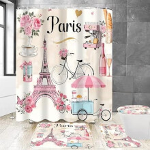 4 kpl Pariisin Eiffel-tornin suihkuverhosetti liukumattomalla matolla, U-muotoisella matolla, WC-kannen suojuksella, vedenpitävä vaaleanpunainen