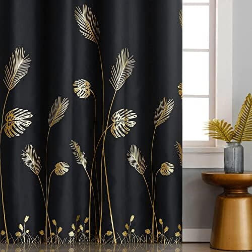 Blackout Curtains Gold Leaf Wheat Pattern 52x96 Inch Black 1