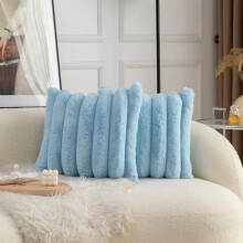 Set di 2 federe decorative a righe in morbida pelliccia sintetica blu, 56x56 cm, federa in velluto per divano.