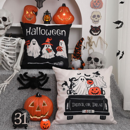 Μαξιλαροθήκες Halloween Σετ 4 τεμαχίων 20x20 ιντσών, Μαύρο-Άσπρο 2