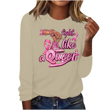 Blusa beige de manga larga para mujer, cuello redondo, poliéster, estampado gráfico, talla M.