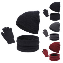 Modieuze gebreide muts, sjaal en handschoenen set voor dames en heren, wintermuts, dik gebreid, warm, thermisch, 4-delige set, zwart