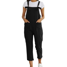 Dame Jeans i vasket hør med bib-overalls, afslappet jumpsuits med revet hør, sparkedragter, jumpsuit dame, sort